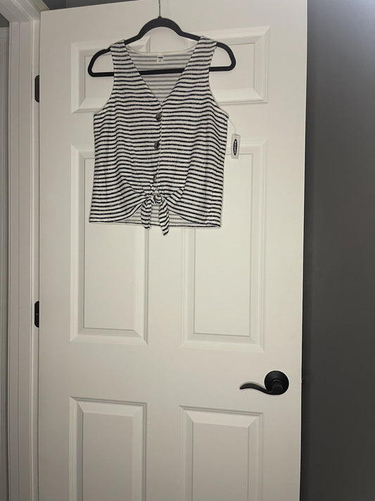 Old Navy Sleeveless Blouse Small White And Navy Stripe W Tie Bottom Nwt