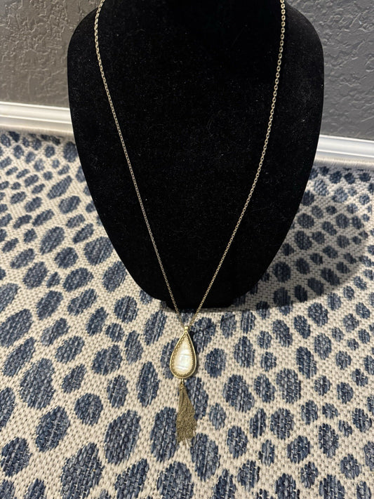 Rustic Cuff Long Necklace Gold With Iridescent White Pendant 