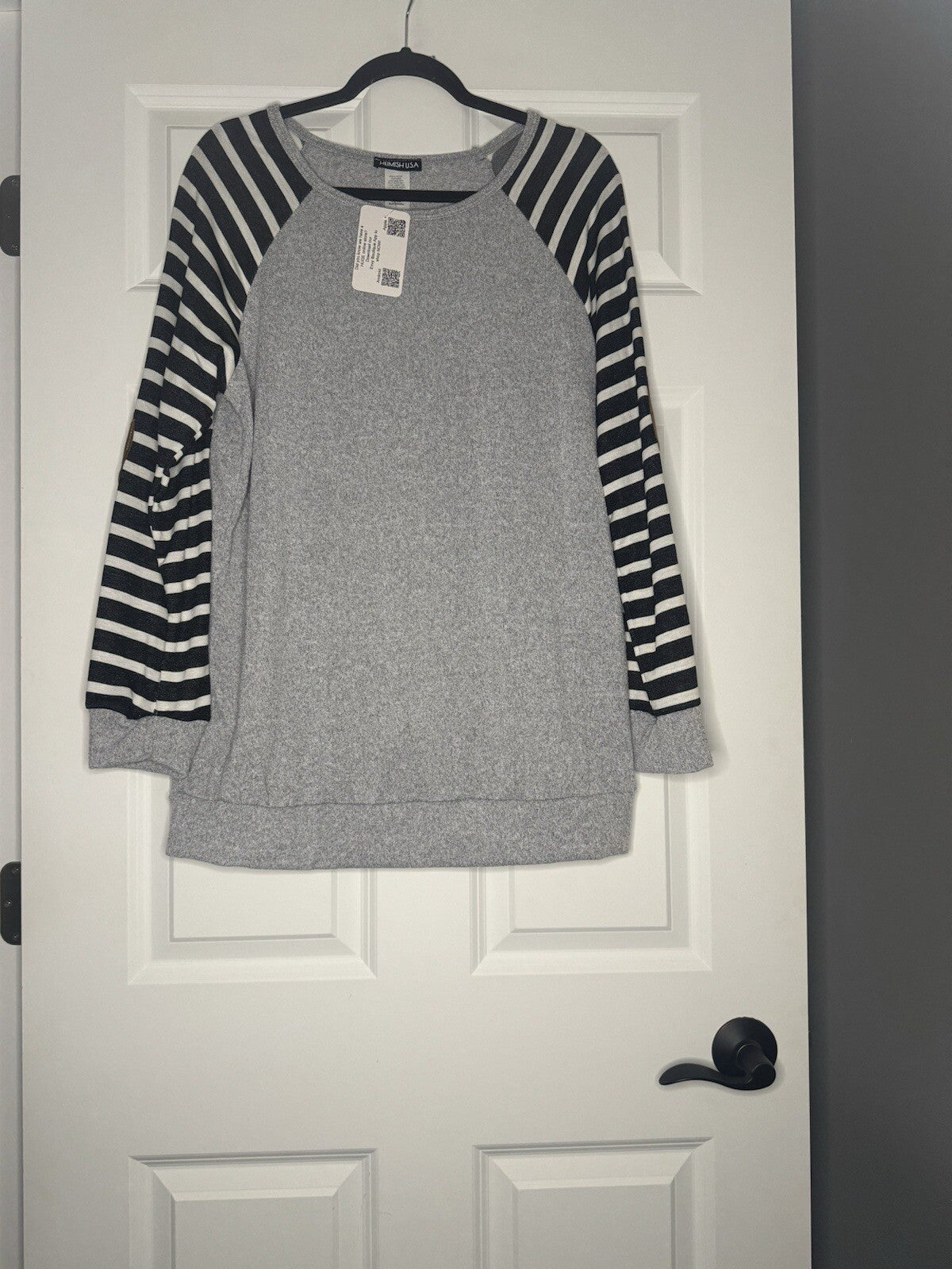 Hemish Long Sleeve Blouse Xl Gray Body Charcoal White Stripe Sleeves Nwt