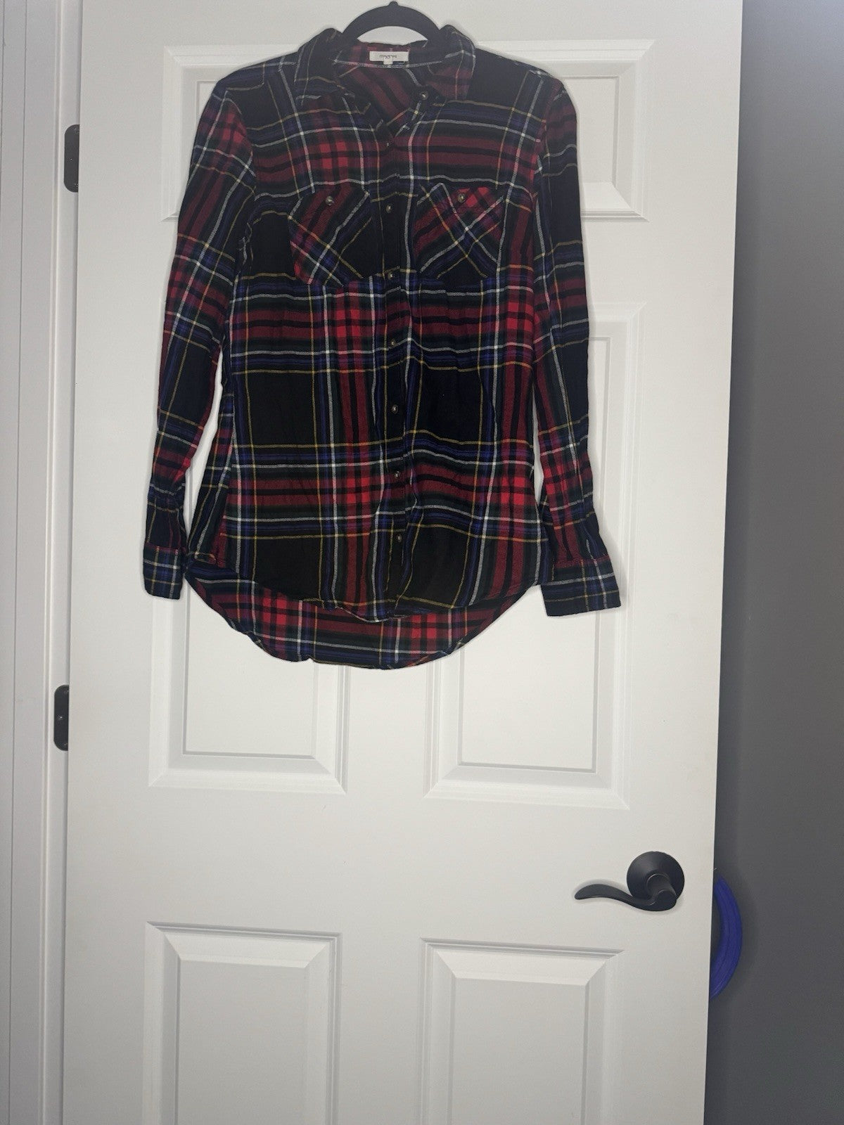 Maurice’s XS Button Up Blouse Black Red Blue Yellow Stripe 