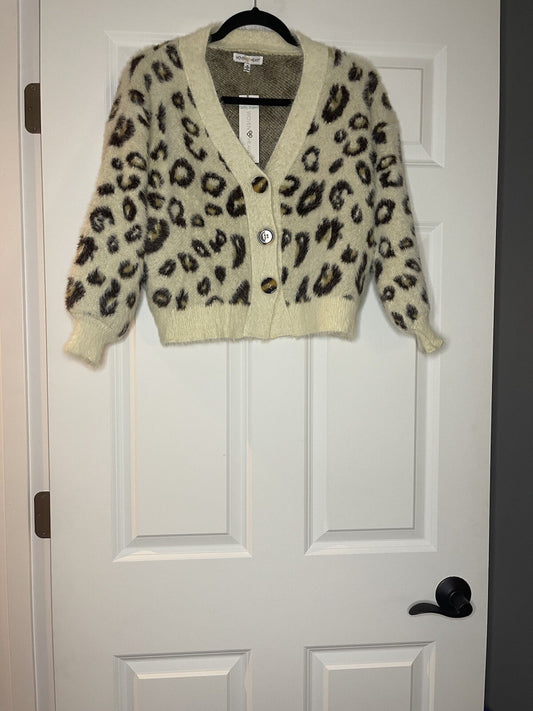 Woven hearts cardigan sweater small cream brown leopard print NWT