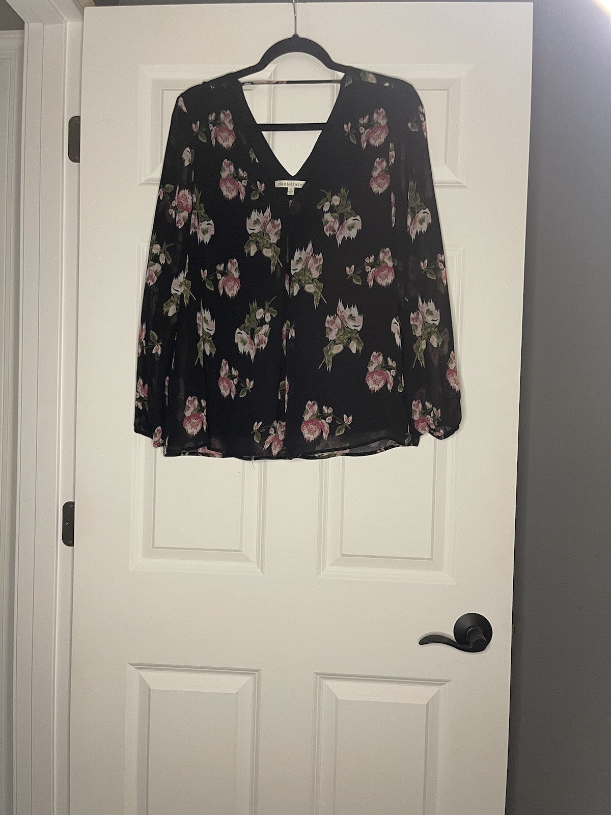 Daniel Rainn Long Sleeve Blouse Medium Black A Pink Green White Floral Print