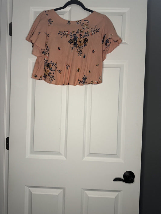 Kimchi Short Sleeve Cropped Blouse Small Peach W Multi Floral 