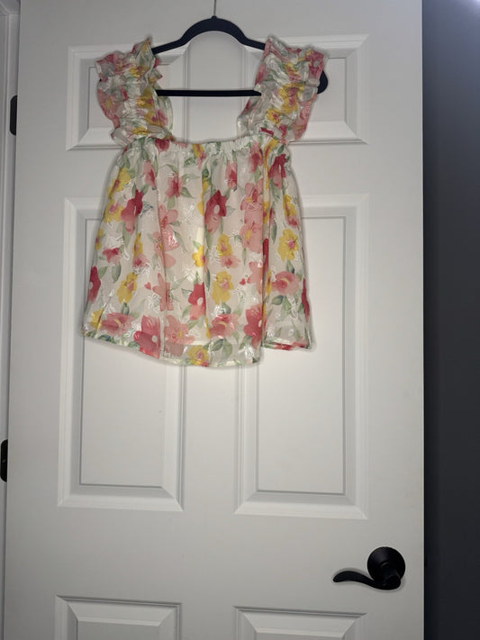& Merci Sleeveless Blouse LargeRuffle Sleeve White Green Yellow Pink Floral Nwt