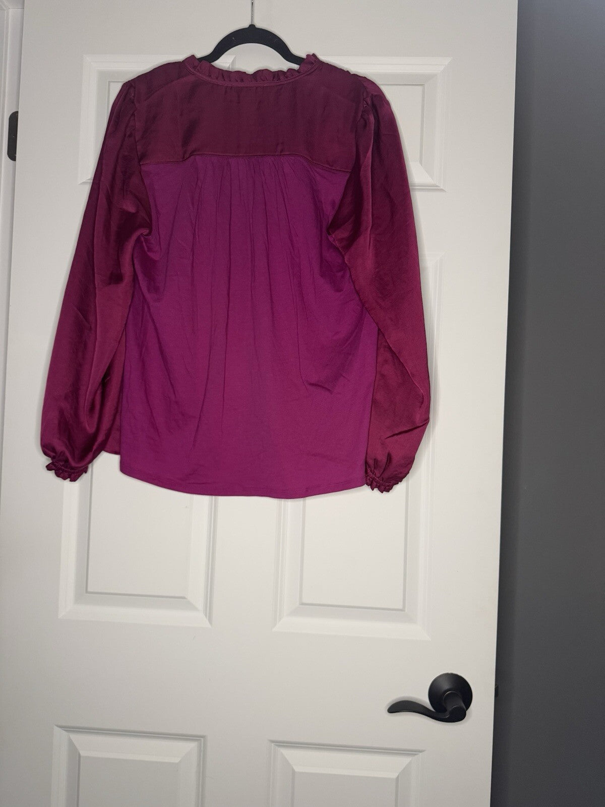 Loft Long Sleeve Blouse Ruffle Trim Pinkish Red Large Shiny Nwt