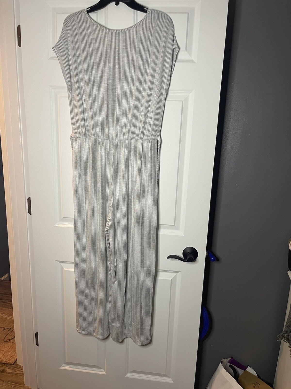 Maverick the collection short sleeve jumpsuit large gray white stripe nwt