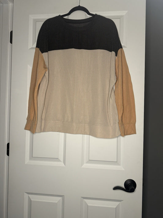 Unbranded Long Sleeve Blouse Large Beige Orange Charcoal Ribbed 