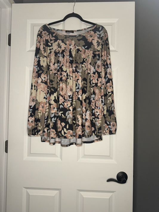 Bombom Long Sleeve Blouse Large Blue Taupe Mauve Beige Floral Print 