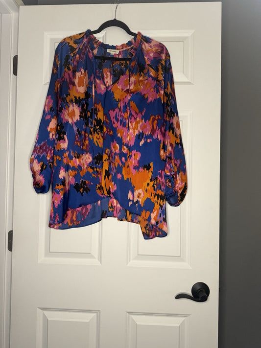 Ee: Some Long Sleeve Blouse Xl Blue Pink Purple Orange Multi Print 