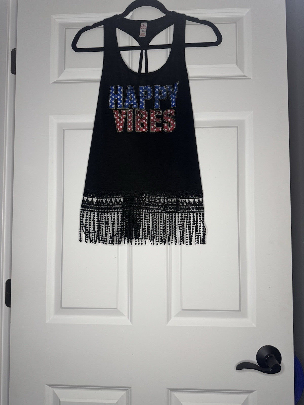Way To Celebrate Patriotic Tank Large 11-13 Happy Vibes Black Fringe Red White B