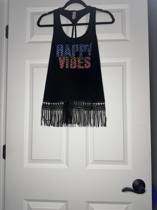 Way To Celebrate Patriotic Tank Large 11-13 Happy Vibes Black Fringe Red White B