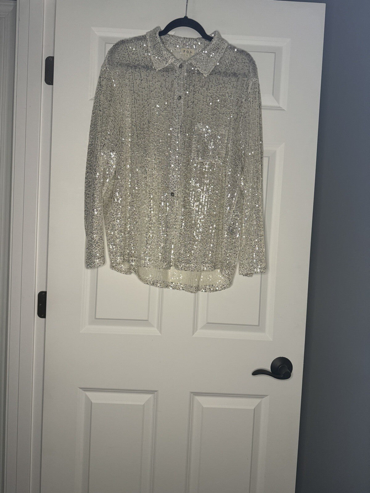 Pol Large Sequins Button Up Blouse Silver 