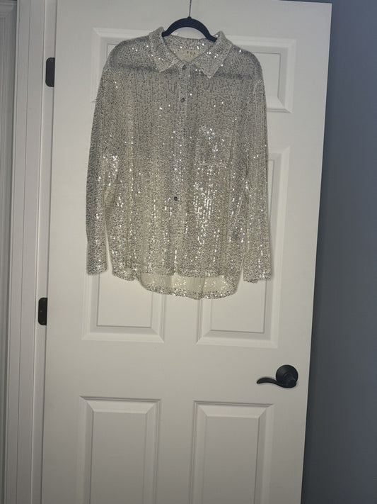 Pol Large Sequins Button Up Blouse Silver 