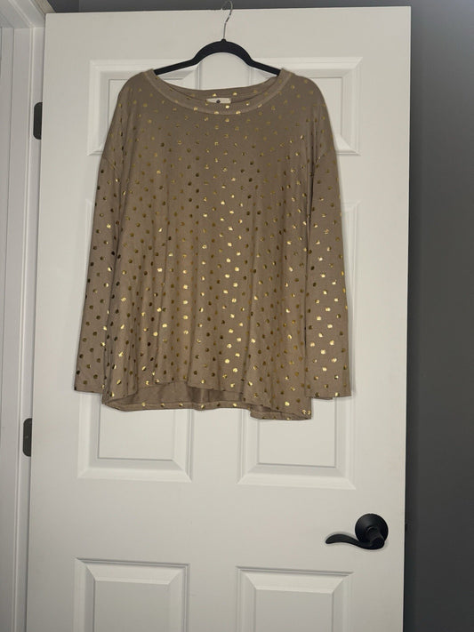 Betseys Boutique Shop Long Sleeve Blouse Xl Taupe W Gold Polka Dots