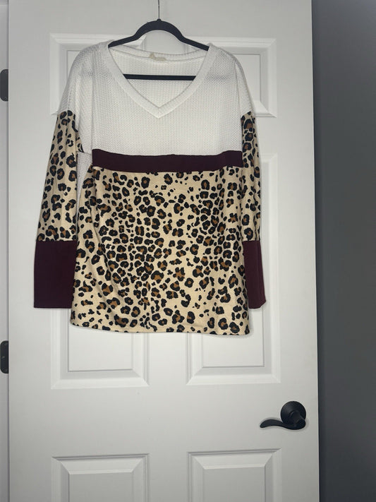 Bibi Long Sleeve Blouse Xl White Waffle Knit Maroon Brown Black Animal Print