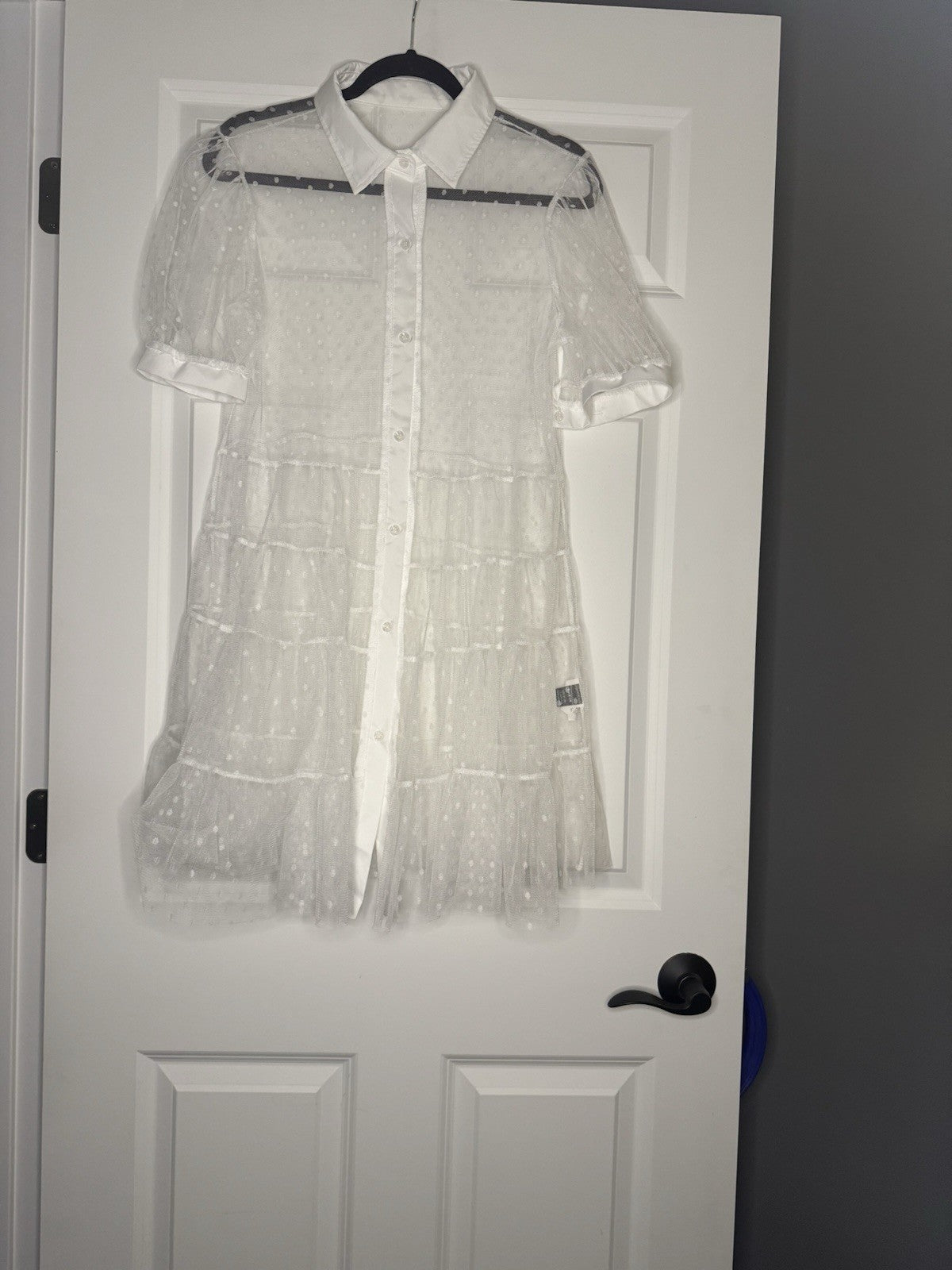 SHEIN Short Sleeve Button Up Mesh Blouse White Polka Dot Large 