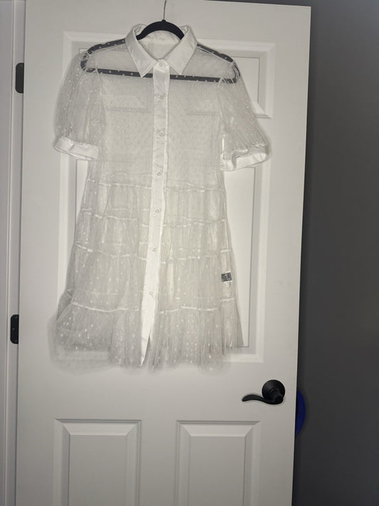 SHEIN Short Sleeve Button Up Mesh Blouse White Polka Dot Large 