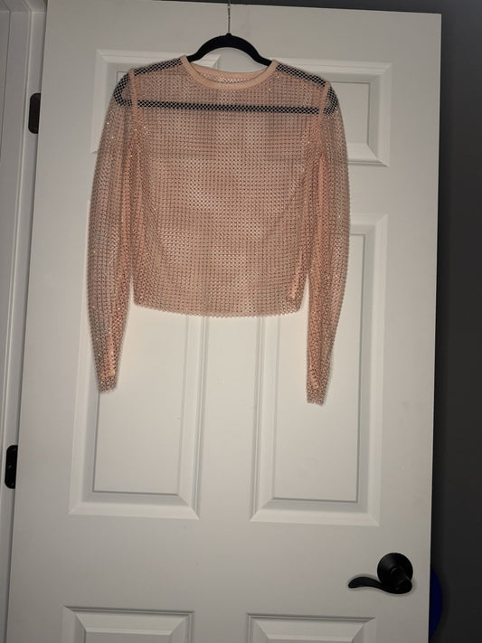 Unbranded One Size Mesh Long Sleeve Rhinestone Pink Top Stretchy 