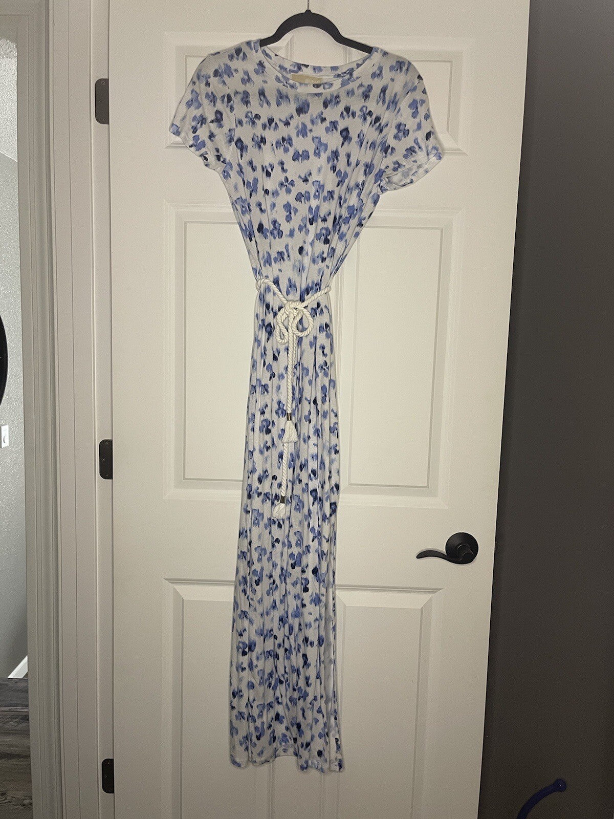 Michael Kors Short Sleeve Dress W Belt Small White With Blue Print 
