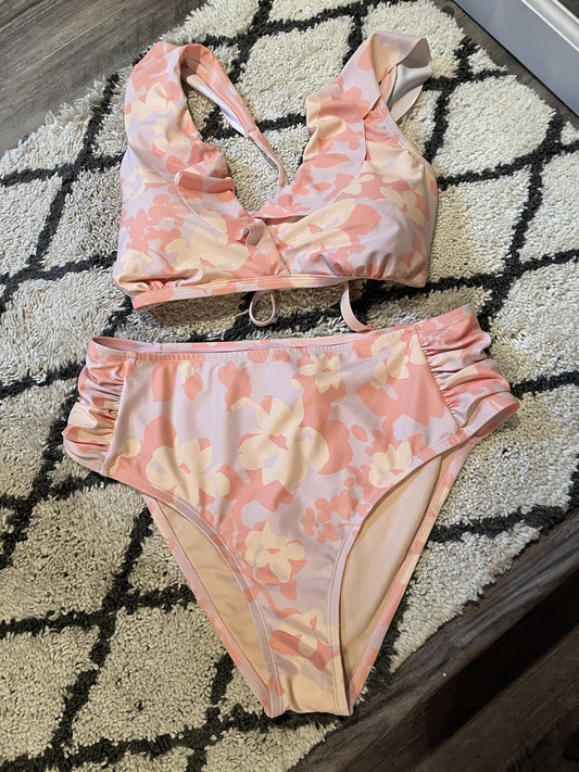 Cupshe 2 Piece High Waisted Swimsuit 1xcream Peach Yellow Floral Nwt