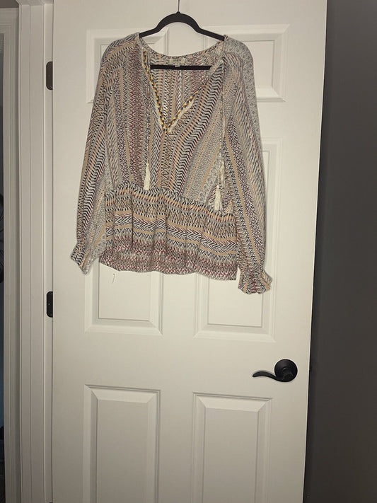Umgee Boho Blouse Medium Orange Red Blue Taupe Multi Print