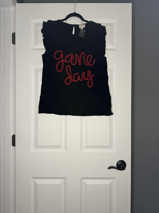 Bibi Short Sleeve Blouse M Game Day Black W Red Lettering NWOT 