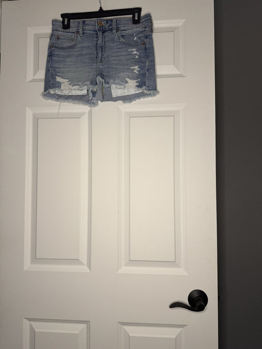 American Eagle Super Stretch Hi Rise Shortie Shorts 4 Distressed Light Wash 