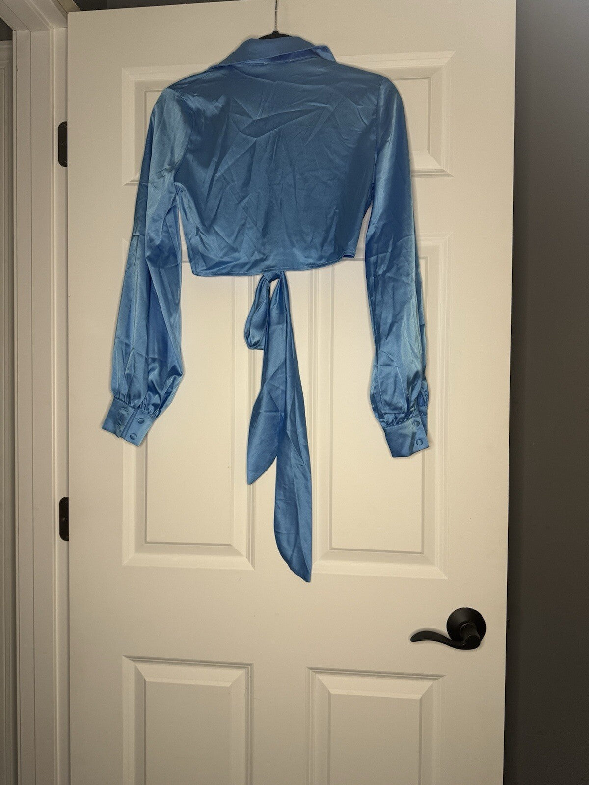 La Hearts Long Sleeve Crop Wrap Blouse Small Blue Nwt 