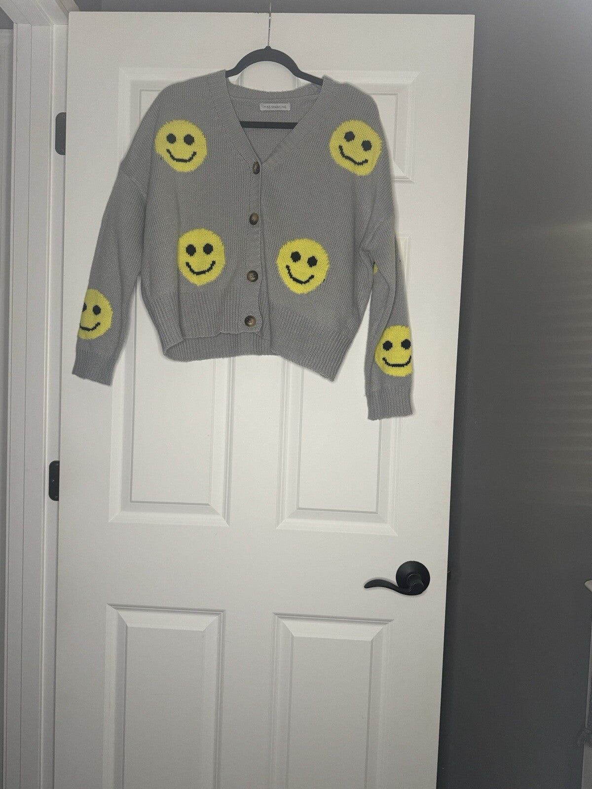 Miss Sparkling Cardigan Sweater Medium Gray W Yellow Black Smiley Face