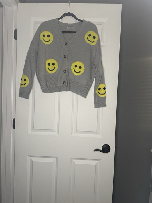 Miss Sparkling Cardigan Sweater Medium Gray W Yellow Black Smiley Face