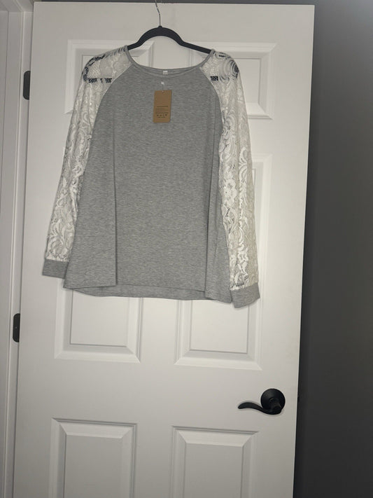 Epretty Long Sleeve Blouse Xl Gray W White Lace Sleeves Nwt 