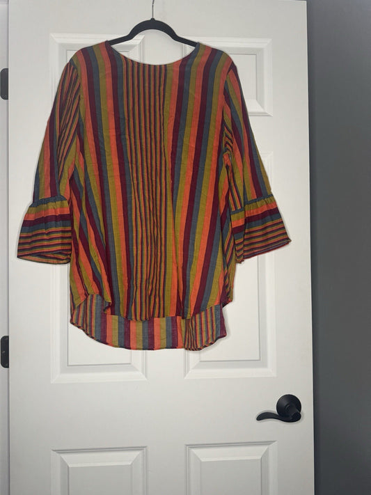 Betseys Boutique Shop Xl 3/4 Sleeve Blouse Plum Coral Green Blue Stripe