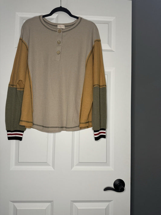 Hailey And Co Waffle Knit Long Sleeve Blouse Large Mustard Taupe Green Blck Red 