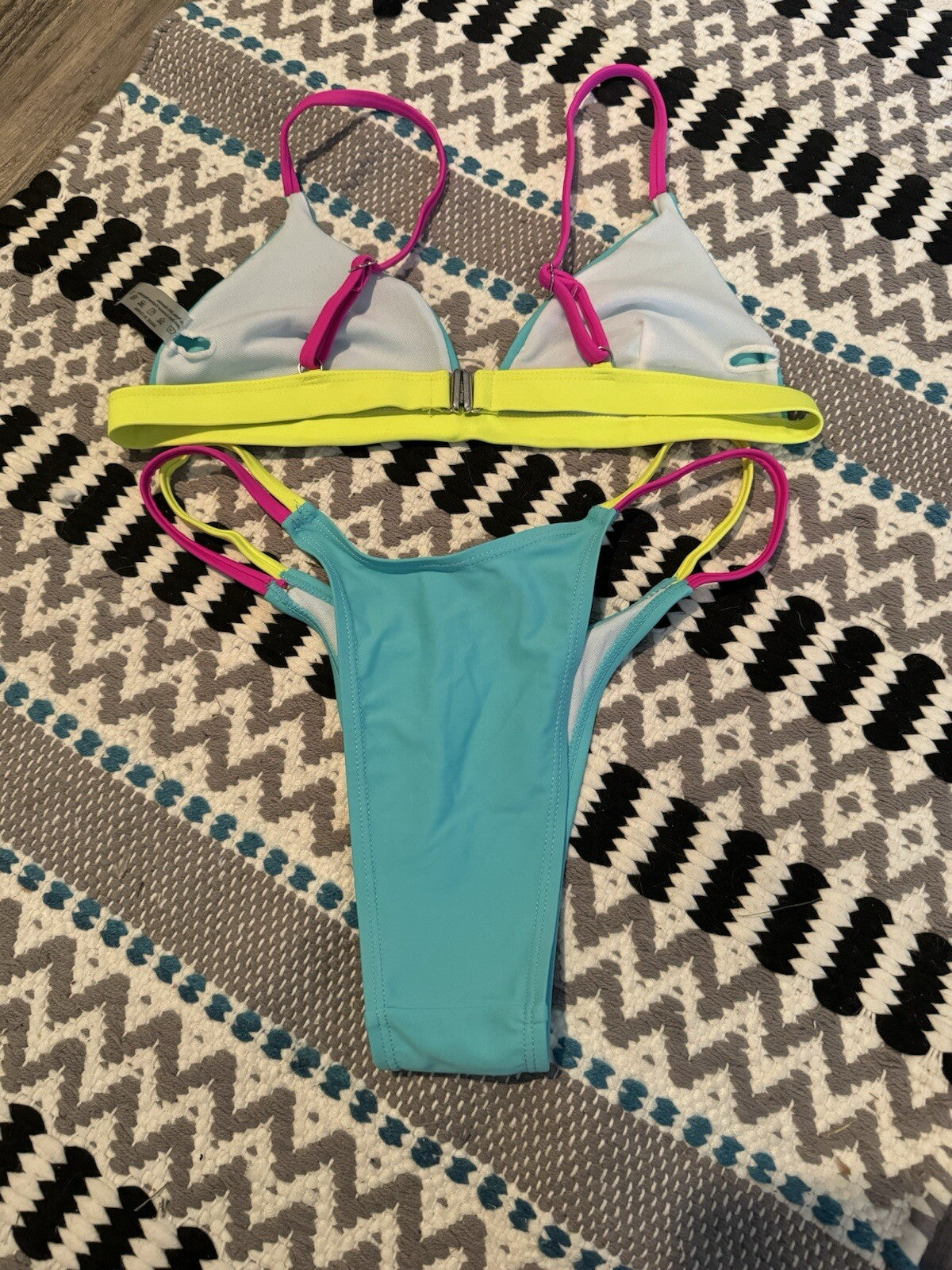 Unbranded 2 Piece Bikini Small Green W Neon Pink And Yellow Straps No Padding