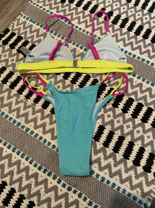 Unbranded 2 Piece Bikini Small Green W Neon Pink And Yellow Straps No Padding