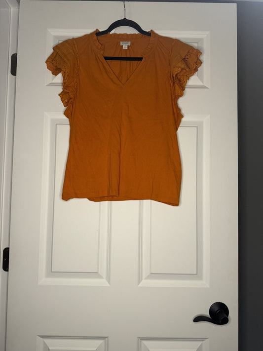 J Crew Short Sleeve Blouse Ruffle Sleeves Large Orange 