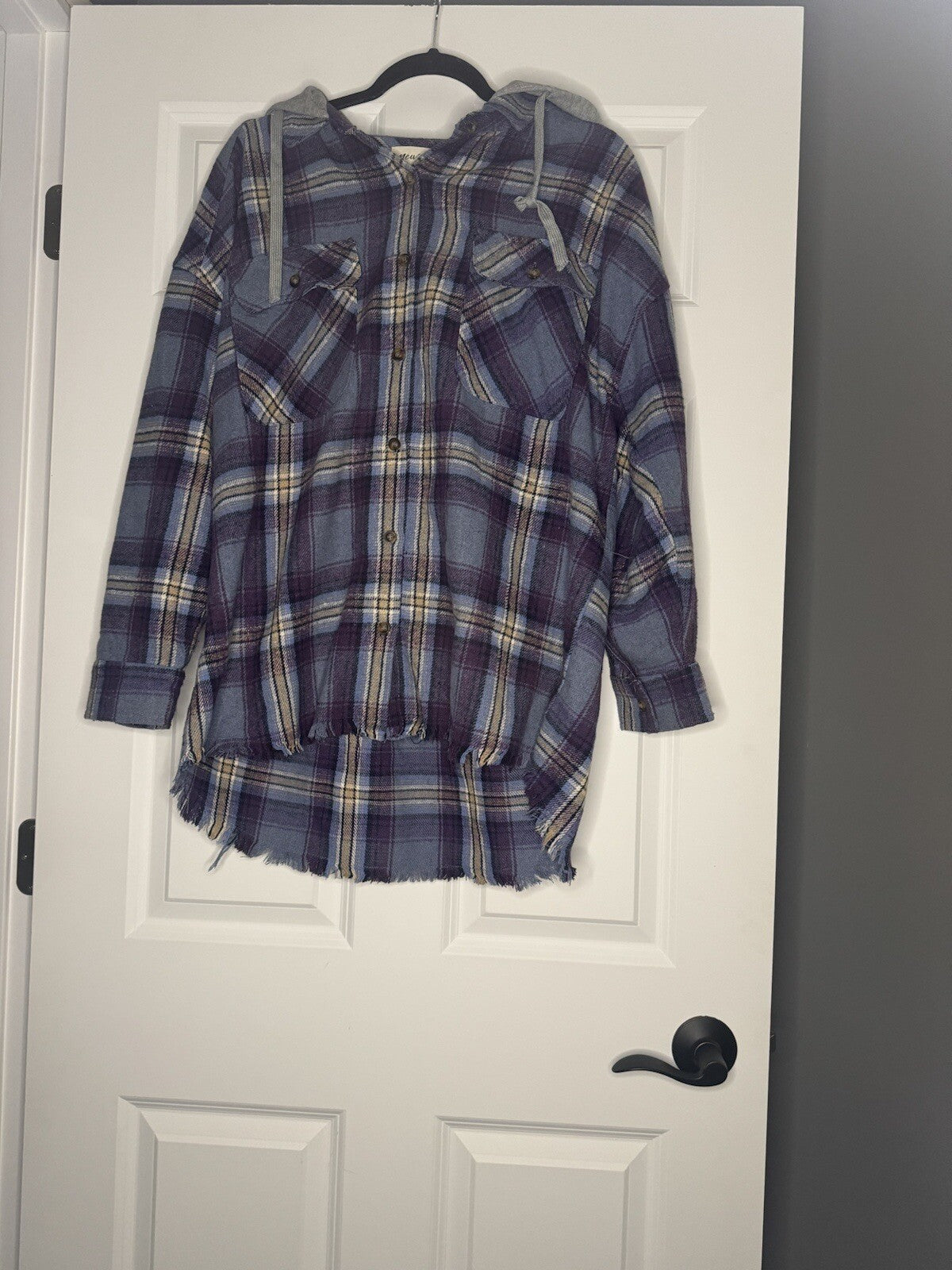 New In Button Up Shacket Medium Hooded Purple Blue Mustard Fray Bottom