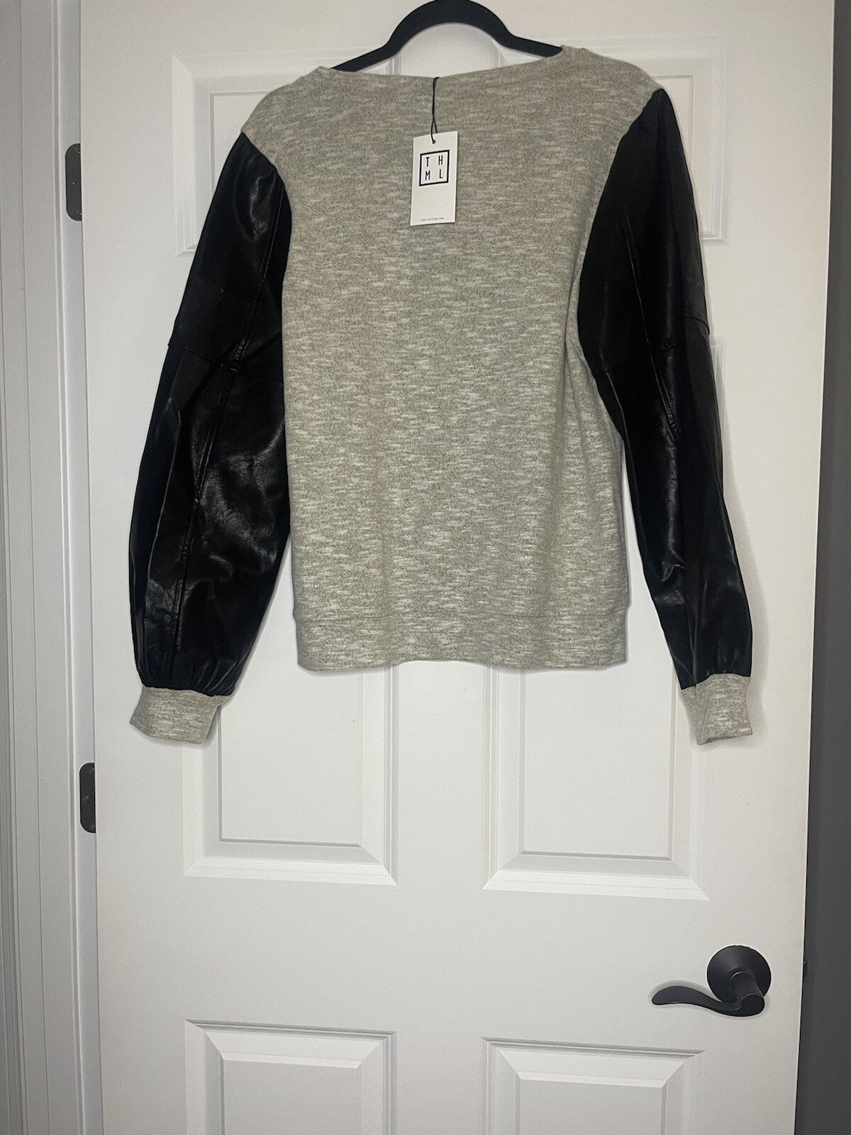Thml Leather Sleeve Crew Neck Sweater Large Black And Gray Nwt Msrp 62.00