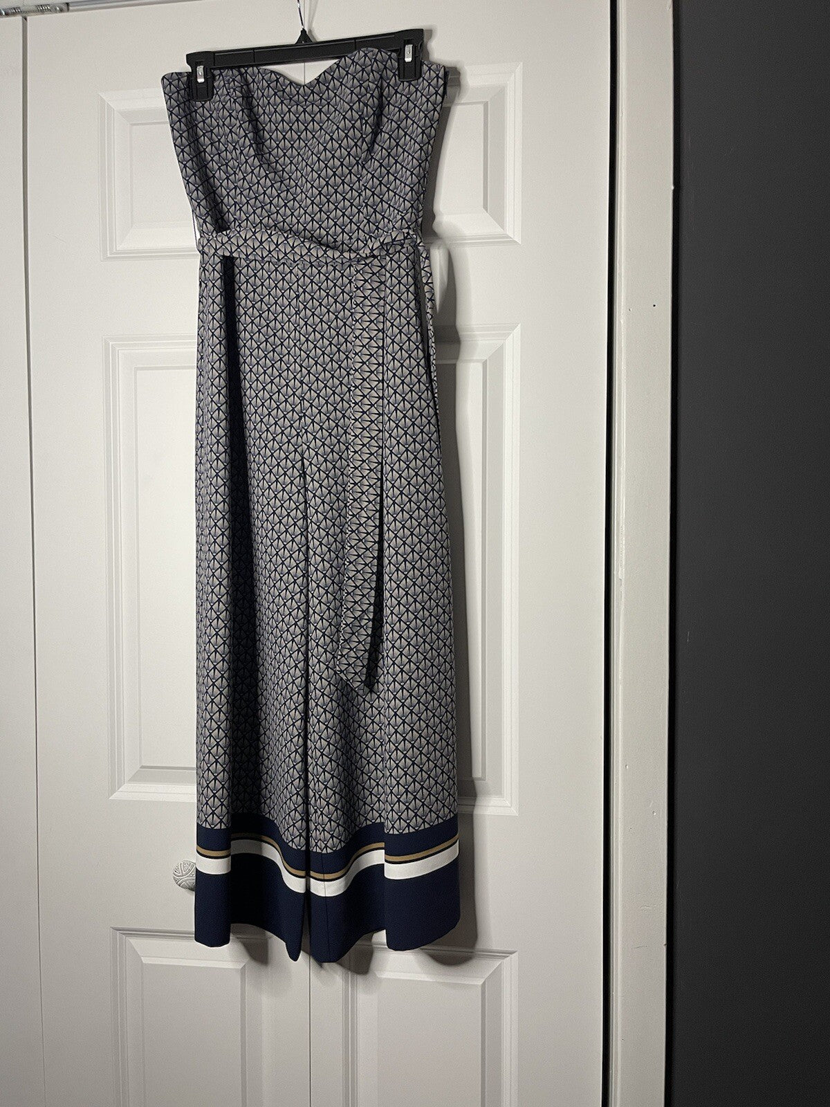 HM strapless jumpsuit with belt size 4 blue tan white print 