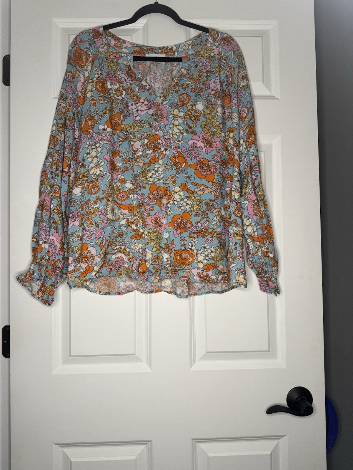 Emily Wonder Long Sleeve Blouse 1x Blue With Orange Pink Cream Multi Floral 