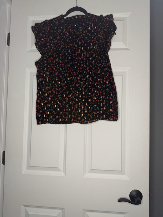 J Crew Short Sleeve Ruffle Sleeve Blouse Large Black W Red Green Gold Rose Print
