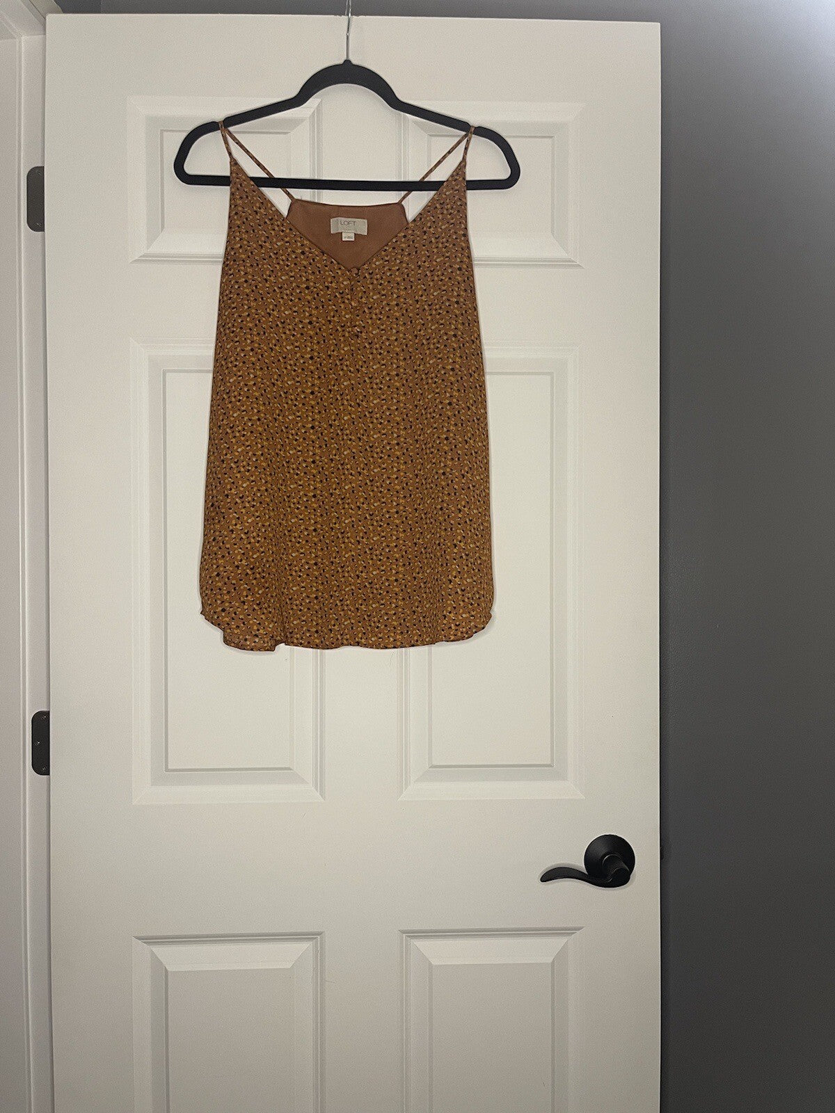 Loft Sleeveless Blouse Large Petite Rust With Orange Tan Black Print 