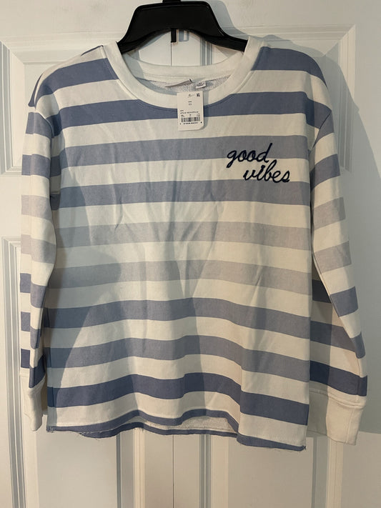 Doe crew neck sweatshirt xs blue and white striped good vibes nwt 