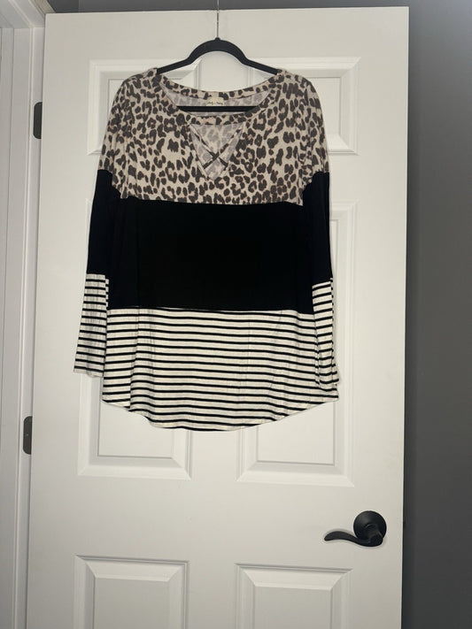 Lovely Melody Long Sleeve Blouse 1xl Black White Brown Striped Speckled Animal 