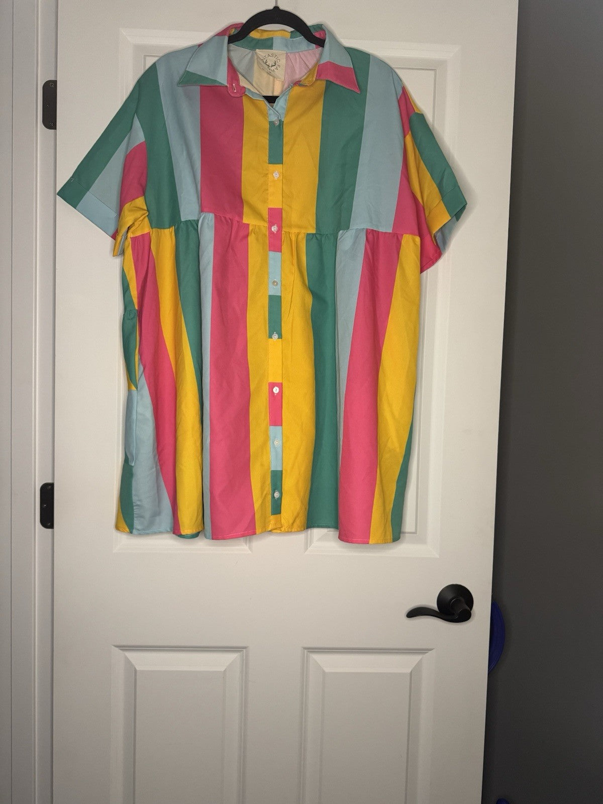 Fantastic Fawn Short Sleeve Button Up Dress Medium Yellow Green Blue Pink Multi