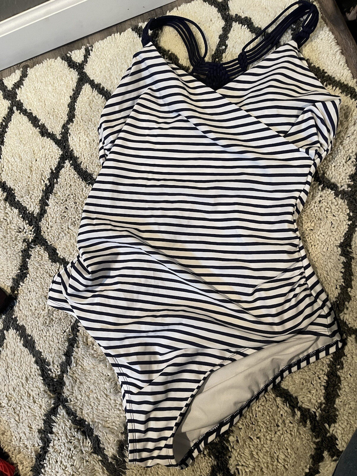 Kona Sol One Piece Swimsuit Large Navy White Striped 