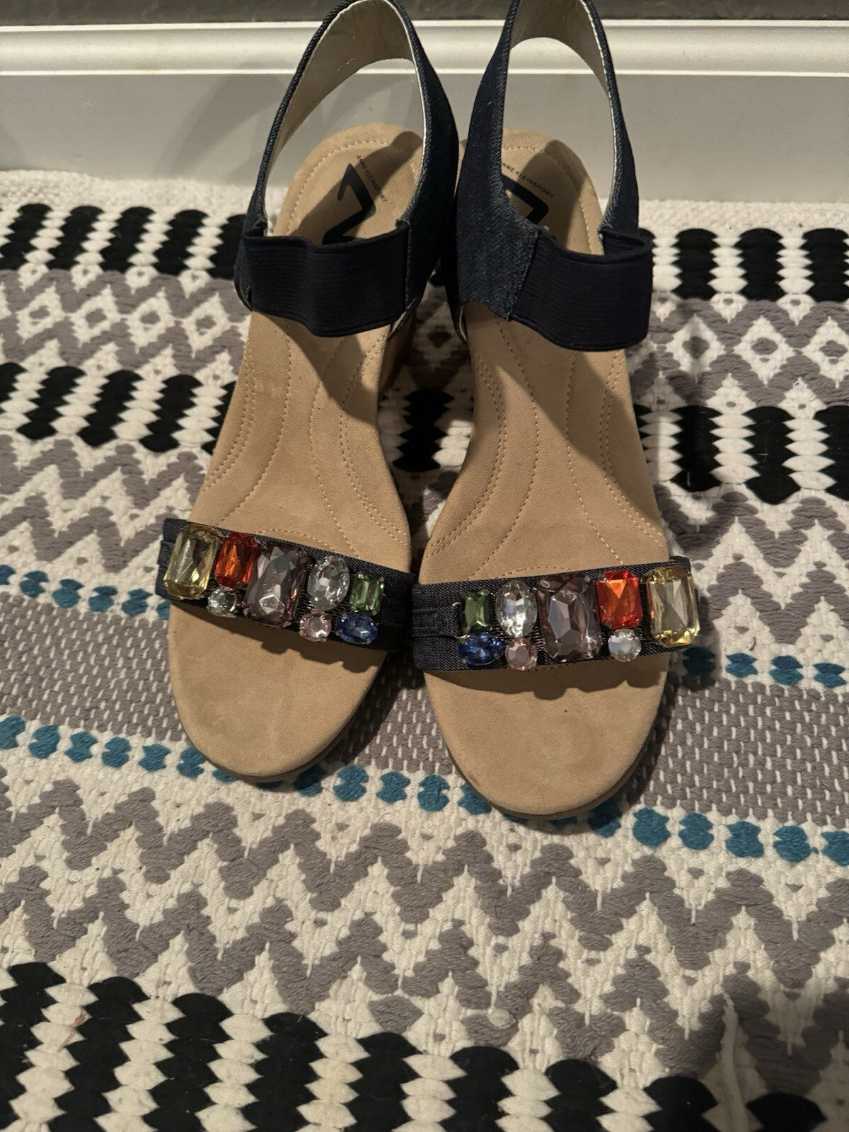 Anne Klein Sport Strappy Heels 8.5 Blue Jean W Multi Beading