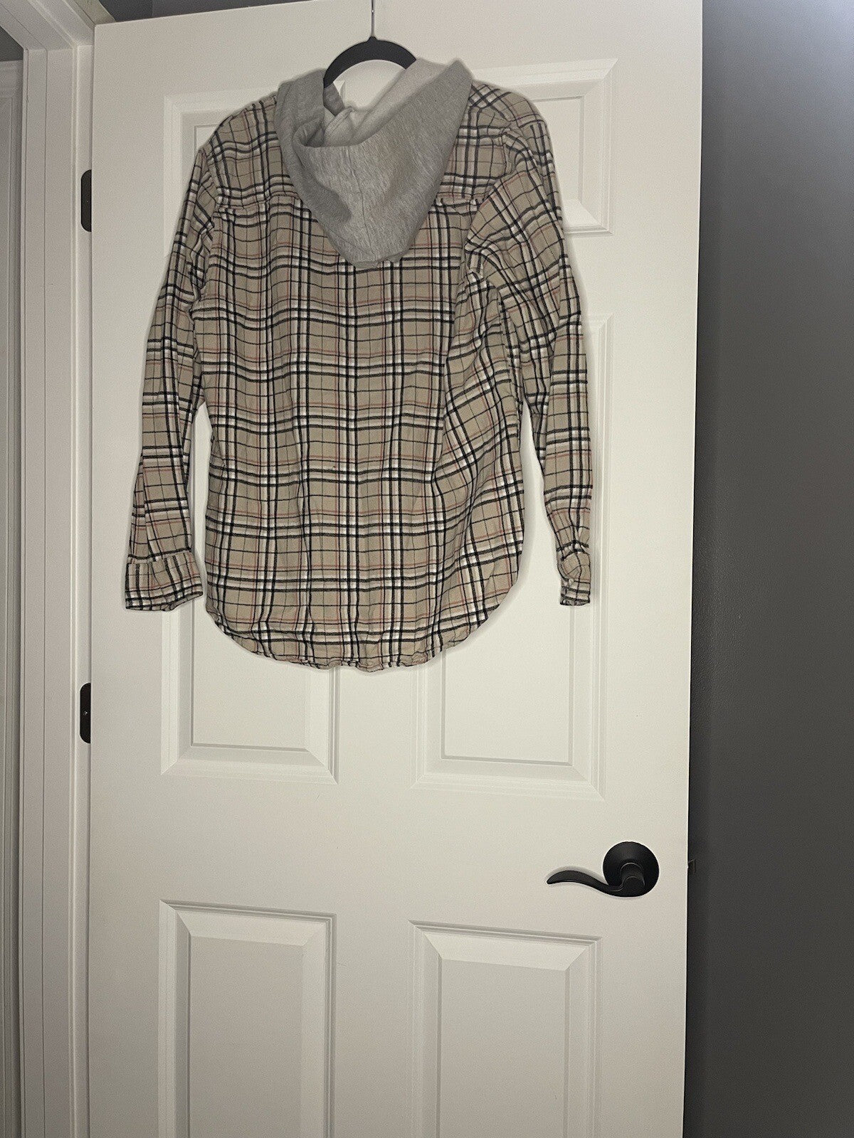 Pacsun Button Up Flannel With Hood Medium Brown Black Coral White Stripe Gray Ho