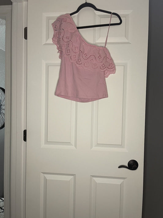 Old Navy One Shoulder Ruffle Blouse Ribbed Pink Large Nwt 