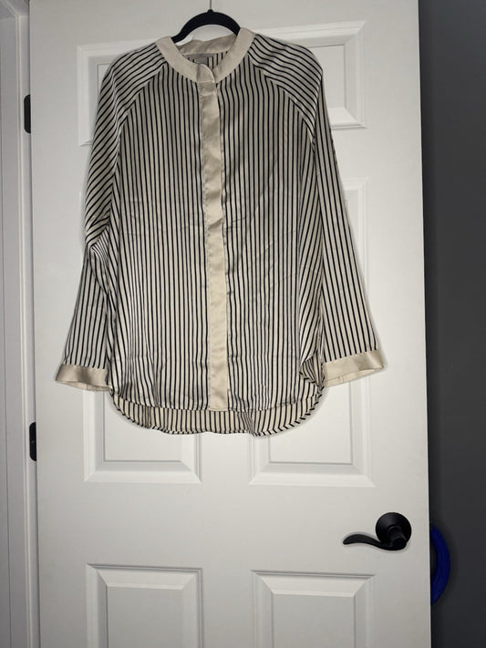 Hm Long Sleeve Button Up Blouse Large Shiny Ivory Material And Black Striped